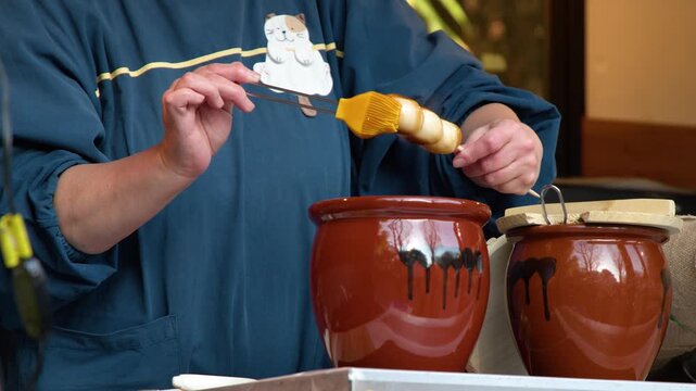 Street Vendor Glazing Mitarashi Dango at Rikugien Garden in Tokyo