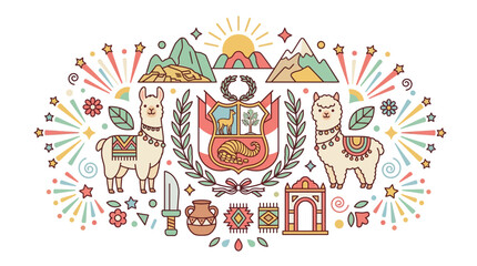 Decorative Peruvian illustration with national symbols and llama icons. © Mbah