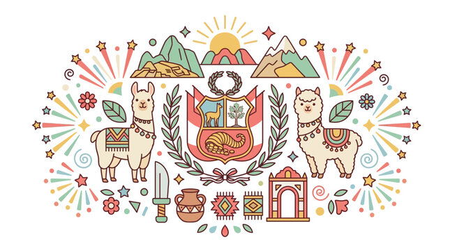 Decorative Peruvian illustration with national symbols and llama icons.