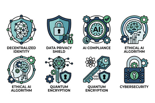 AI Compliance and Cybersecurity Vector Icon Set with Decentralized Identity, Data Privacy Shield, Ethical Algorithm, and Quantum Encryption Keys