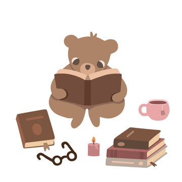 Cute teddy bear reading a large book, surrounded by stacked books, glasses, a candle, and a cup of tea. Cozy flat vector illustration with a warm, peaceful, and charming atmosphere.