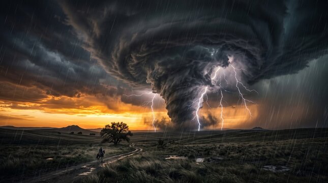 Powerful Tornado and Lightning Storm Over Dramatic Rural Landscape at Sunset