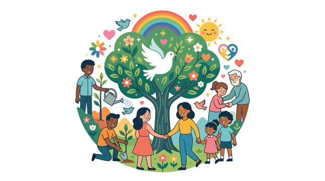 Diverse group of people interacting with a tree of life illustration.