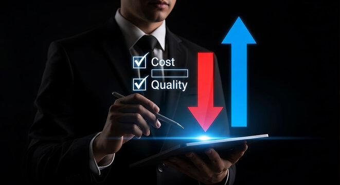 Business manager optimizing company operations by reducing costs and increasing quality