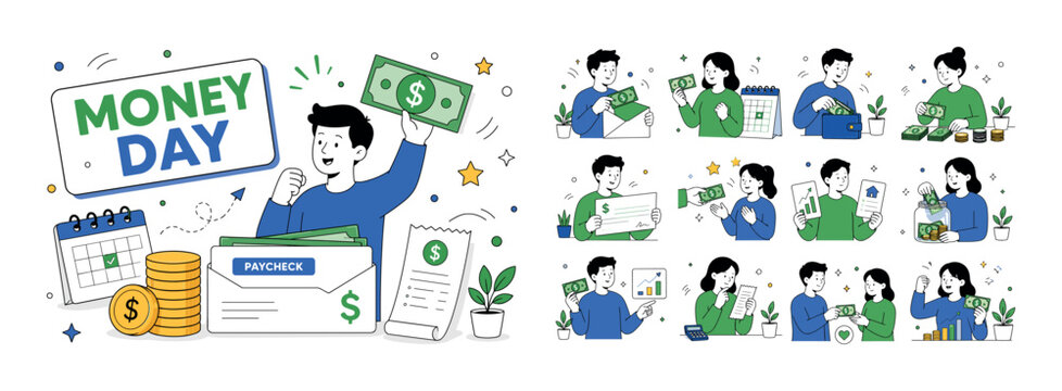 Hand Holding Money. Clean editorial banner with one main income scene: a geometric character lifting an oversized dollar bill in one hand beside a large paycheck envelope, with coin stack, small