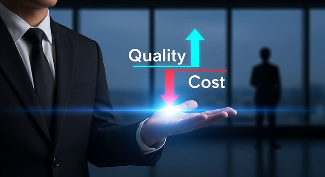 Businessman holding arrow graphic showing higher quality and lower cost