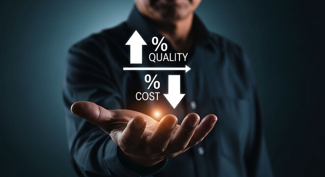 Man holding digital graphics showing high quality and low business cost