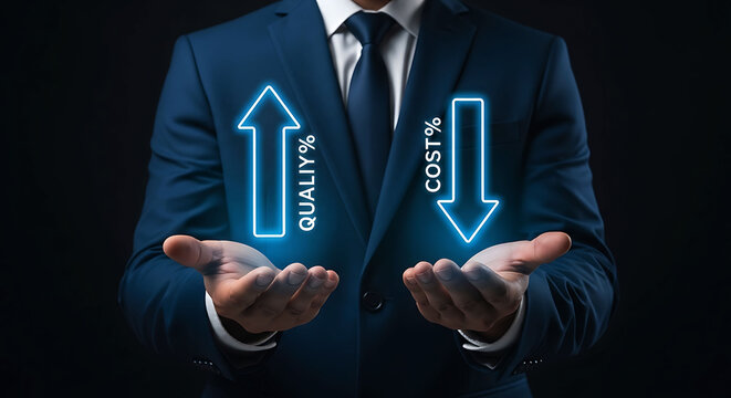 Businessman holding glow neon arrow up quality and arrow down cost