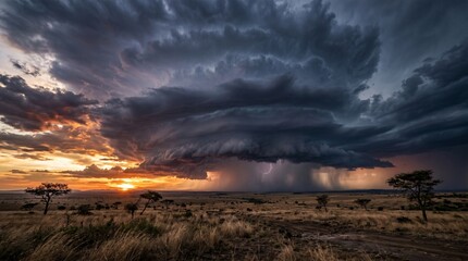 Obraz premium Dramatic supercell storm clouds over African savanna at sunset
