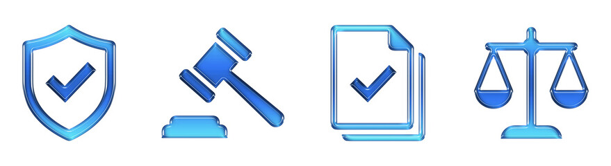 Legal Justice Shield Gavel Document Scales 3D Glossy Gradient Icons Set. Transparent PNG © artiq