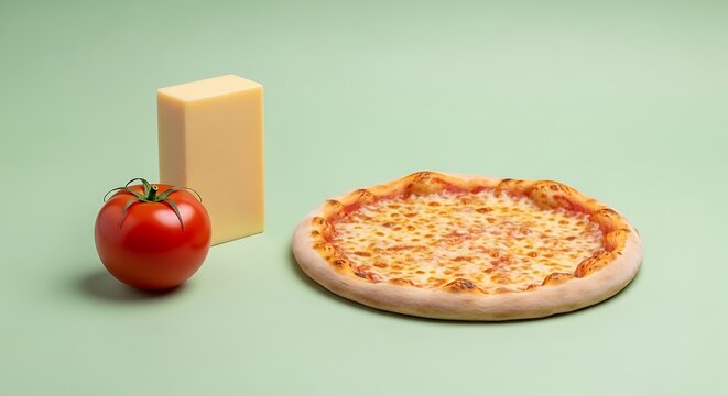 tomato and a block of cheese next to a pizza