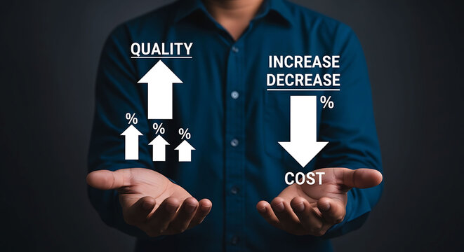 Concept of increasing quality and decreasing business cost with percentage arrows
