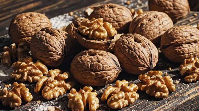 Close up view of walnuts with cracked open shell and kernels on a wooden surface in warm lighting