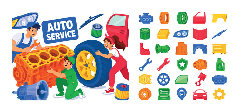 Auto Parts Repair banner, lively flat vector banner scene about car parts and automotive service with 3 expressive stylized human characters interacting with one oversized engine block and one