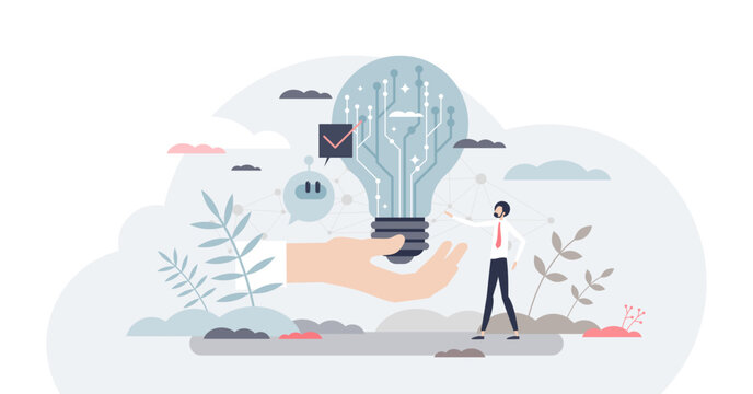 Digital innovation and new technological invention idea tiny person concept, transparent background. Creative tech startup business development.