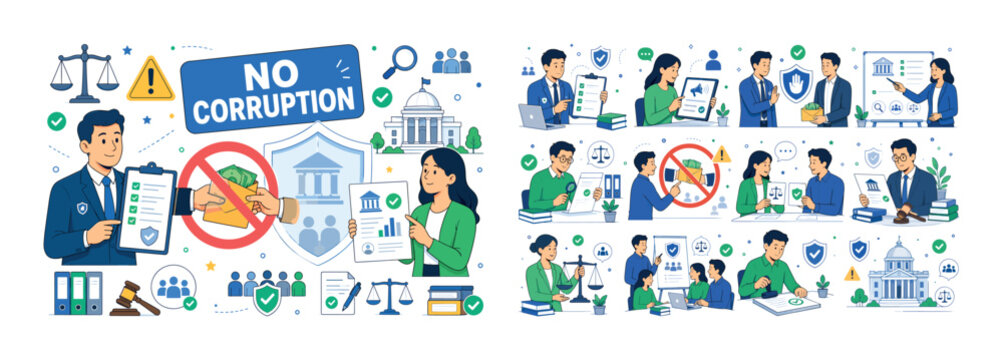 Anti Corruption Set. Clean editorial banner scene about no corruption, transparency, ethics, clean governance, fair decision, and accountability with one oversized crossed-out bribery hand and