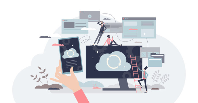 Backup system with cloud data storage for safe recovery tiny person concept, transparent background.File sharing and protection with global networking software illustration.