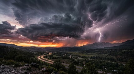 Fototapeta premium Dramatic Lightning Strike Over Scenic Highway and Stormy Mountain Landscape