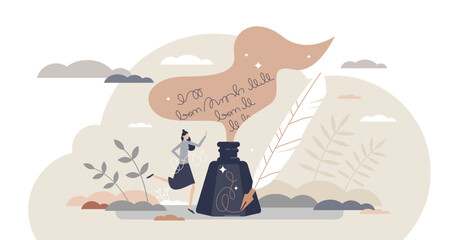Obraz premium Poetry and literature story writing with ink and feather tiny person concept, transparent background. Author creative handwriting process scene as classic arts and culture illustration.