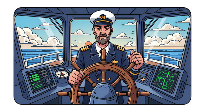 Ship captain steering a vessel from the bridge at sea in cartoon style