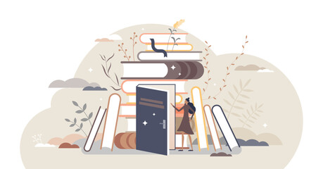 Fototapeta na wymiar Exploring books and open education door to new knowledge tiny person concept, transparent background. Reading hobby and relaxation with literature illustration. Expanding horizon and learning scene.