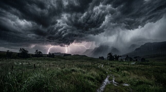 Dramatic Lightning Strike and Massive Supercell Storm Clouds Over Dark Rural Landscape with Mountains