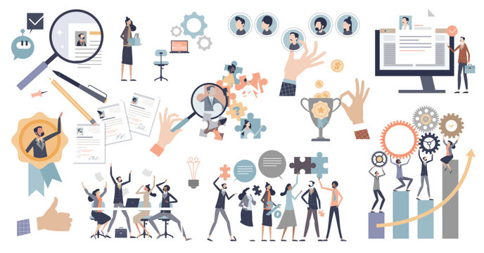 HR human resources elements with work hiring and job career tiny person set, transparent background. Collection with candidates, interview scene, promotion and skill headhunting items.