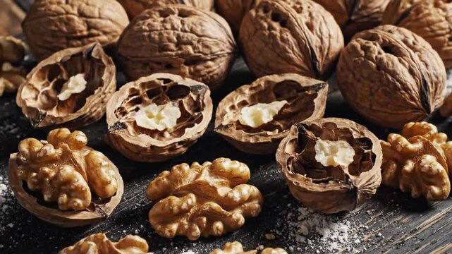 Close up arrangement of whole and cracked walnuts with fresh kernels on a dark wooden surface