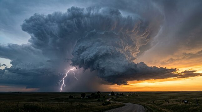 Dramatic Lightning Strike and Massive Supercell Storm Clouds Over Rural Landscape at Sunset
