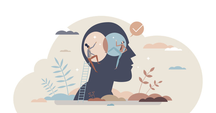 Finding common ground and search for opinion compromise tiny person concept, transparent background.Cooperation and united partnership with thoughts match illustration.