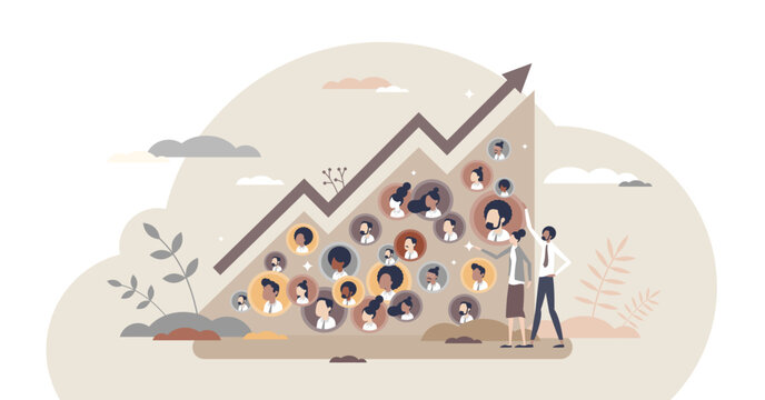 Community growth and social labor count increase tiny person concept, transparent background. Nation demographic arrow or business personnel, unemployment, followers, subscribers.