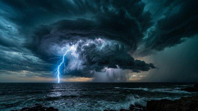 Dramatic Lightning Strike and Massive Supercell Storm Clouds Over Turbulent Ocean at Night