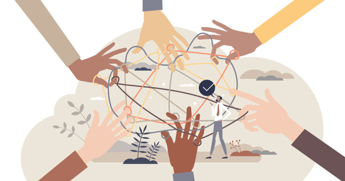 Community support and teamwork unity in complex challenge tiny person concept, transparent background. Social help and partnership to solve common problem illustration.