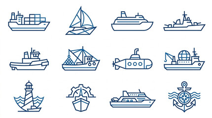 Obraz premium Collection of Various Maritime and Naval Vessel Icons