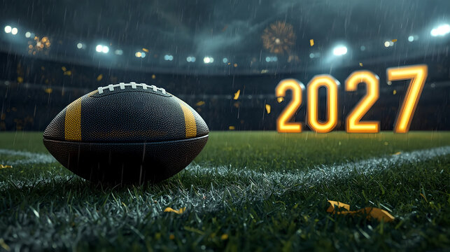 New year 2027 celebration in american football stadium with glowing neon number under rain on green grass field