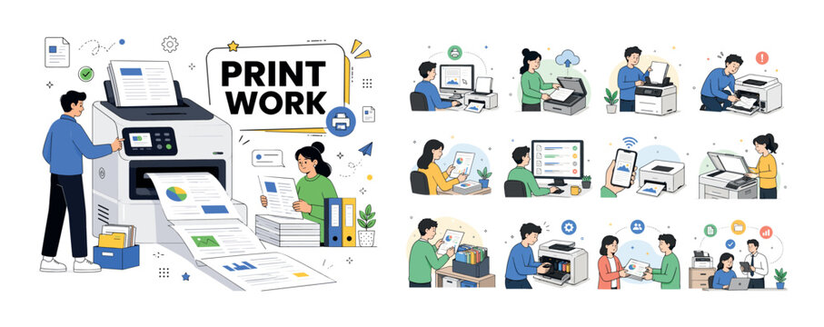 Printer Office Workflow Scenes banner showing a character printing documents with oversized printer and paper sheets filling edges, small icons and motion lines around, bold uppercase PRINT WORK
