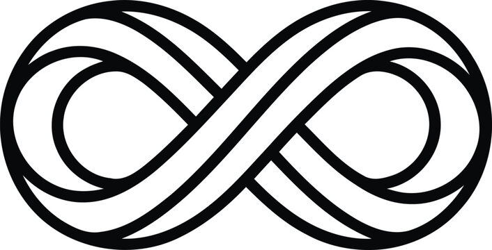 Infinity symbol vector icon with woven line design, black and white mathematical loop sign, eternal mobius strip graphic for branding