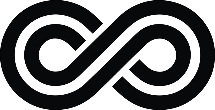 Infinity symbol vector icon, black geometric loop sign, minimalist eternal knot graphic, abstract endless cycle logo for corporate branding