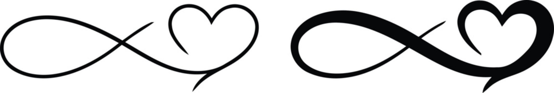 Infinity heart symbol vector set, black eternal love loop icons, minimalist wedding flourish graphics, decorative calligraphy infinity sign for tattoos
