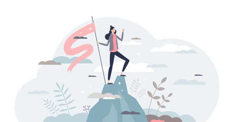 Fototapeta na wymiar Successful businesswoman as confident female work leader tiny person concept, transparent background. Career professional achievement top and future ambition illustration. Corporate progress peak.