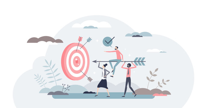 Aim to target as business teamwork effort and goal focus tiny person concept, transparent background. Company growth and successful strategy management.