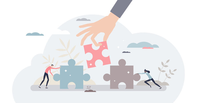 Find solution as fitting together jigsaw puzzle pieces tiny person concept, transparent background.Collaboration, teamwork and work support for problem solving illustration.