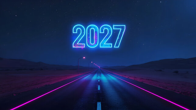 Futuristic 2027 neon light sign over empty asphalt road at night