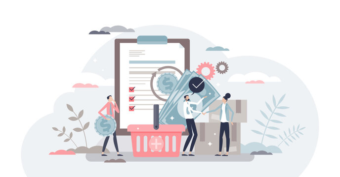 Procurement work as supply chain and order processing tiny person concept, transparent background. Occupation with task to control demand and communication with suppliers illustration.