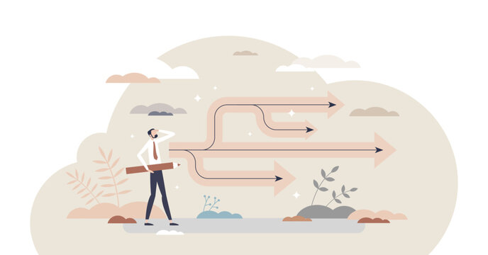 Planning backup with possible business scenario options tiny person concept, transparent background. Various solutions and options as successful preparation for future risks illustration.