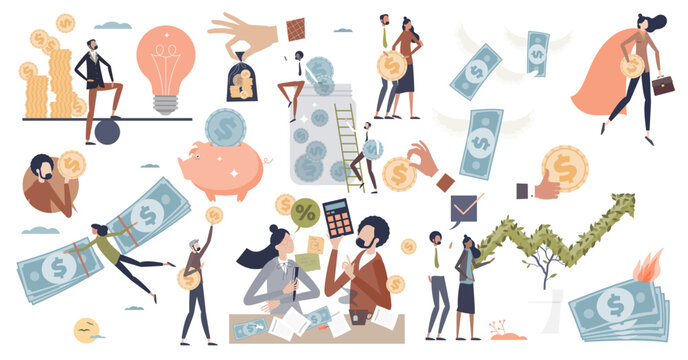 Personal finance and economical money items in tiny person collection set, transparent background. Family budget savings and bank account calculation for tax payer illustration.