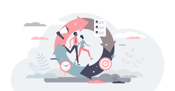 PDCA as plan, do, check and act steps for quality control tiny person concept, transparent background. Method for continuous improvement of processes and products illustration.