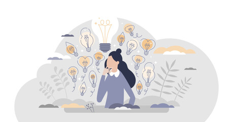 Obraz premium Gather ideas female as creativity and brainstorm results tiny person concept, transparent background. Innovative and creative woman with many smart solutions to choose from illustration.