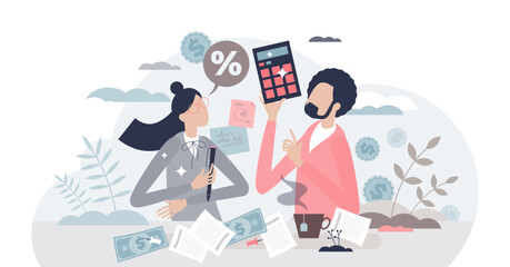 Naklejka premium Doing taxes accounting and annual financial paperwork tiny person concept, transparent background. Money fee calculation and report submit to state revenue service illustration.