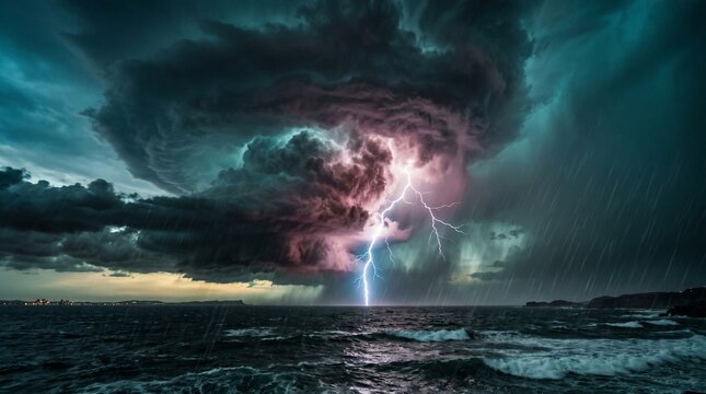 Powerful Lightning Strike During Severe Supercell Thunderstorm Over Turbulent Ocean